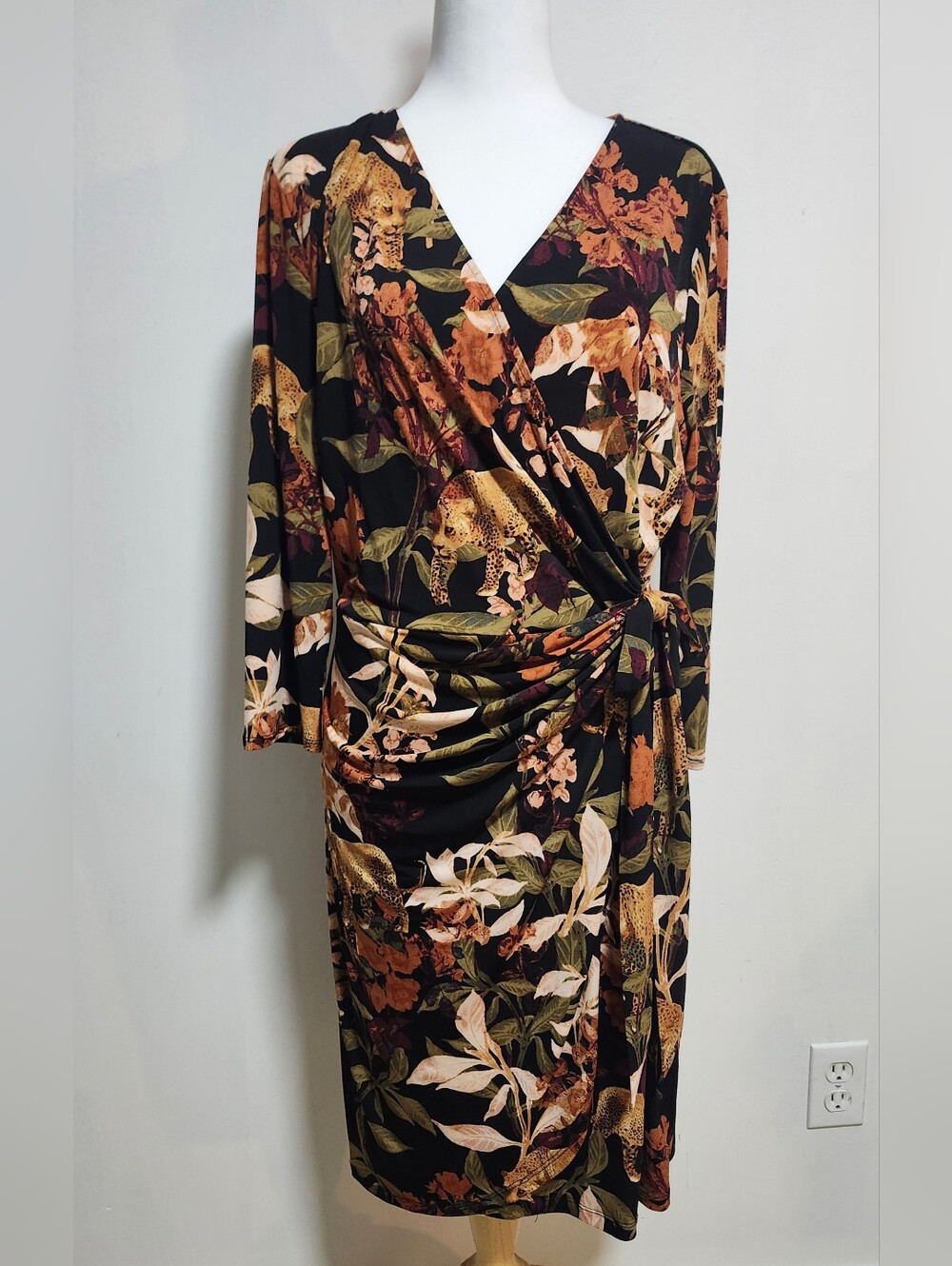 INC International Concepts Black Floral Wrap Dress with Olive & Rust Accents